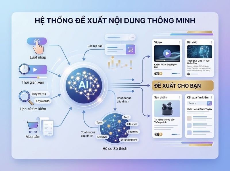 AI và hành vi người dùng liên hệ qua đề xuất, tìm kiếm và quyết định