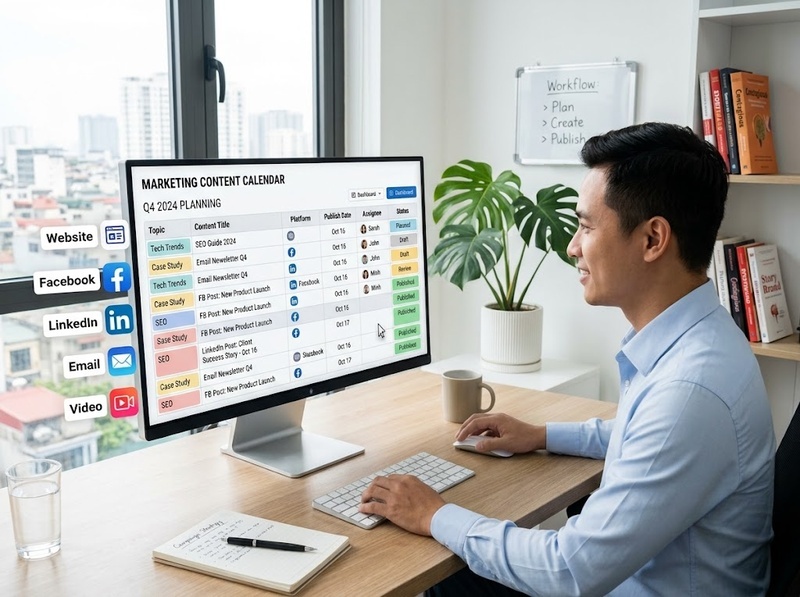 Content Calendar giúp quản lý lịch xuất bản, kênh và người phụ trách