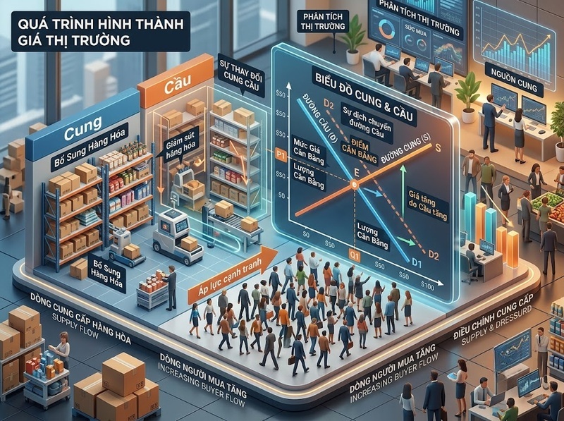 Cung cầu thị trường quyết định giá và lượng giao dịch ra sao?