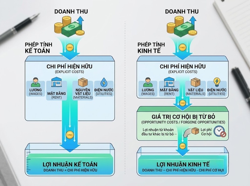 Hai loại lợi nhuận khác nhau khi tính chi phí cơ hội ra sao?
