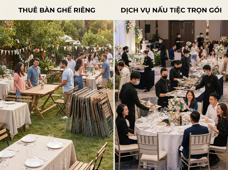 So sánh thuê bàn ghế riêng và dịch vụ nấu tiệc trọn gói