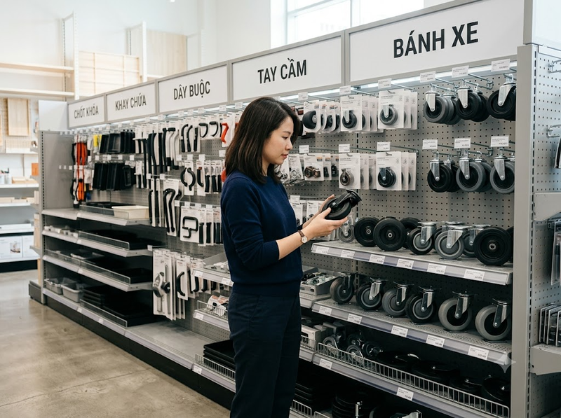 Cách trưng bày phụ kiện xe đẩy hàng giúp khách dễ lựa chọn